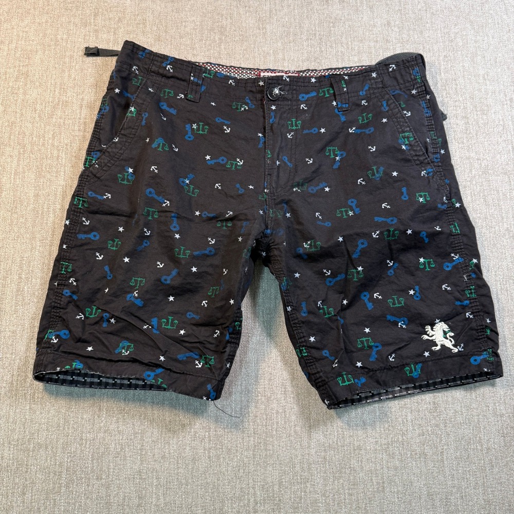Express Mens Black All Over Print Chino Shorts Size 34 Anchor Key Lion Logo